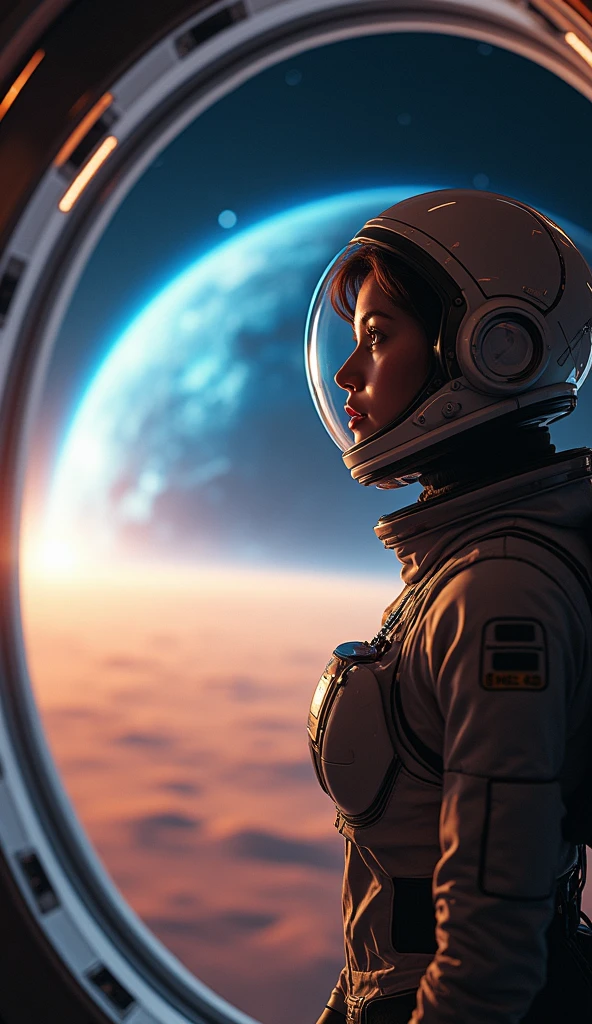 A cinematic video scene showing a female astronaut inside a sleek, high-tech spaceship as it departs from Mars and heads towards Earth. The camera captures the astronaut standing near a large, curved window, gazing at the receding Martian surface bathed in a soft orange glow. Outside, the ship’s thrusters ignite with a blue flame, propelling it into the vastness of space. The Martian landscape shrinks into the distance as stars and the darkness of space envelop the scene. The camera smoothly transitions to a view of Earth, a glowing blue sphere in the far distance, gradually growing larger as the ship moves closer. Inside, the astronaut appears contemplative, with subtle reflections of Mars and Earth visible on her helmet visor.