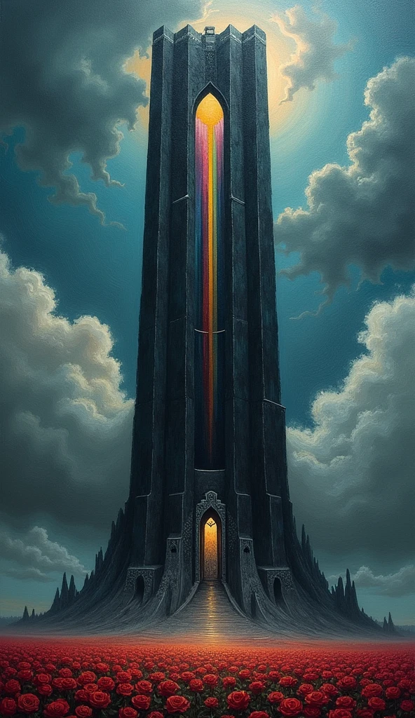 oil painting, dark tower by stephen kin, The Tower is a six hundred floor spire made of black stone, and the only entrance is a door of ghostwood, with the words "Unfound" written upon it. The tower has a central oriel window which is striated with thirteen different colours which inspired the design of Arthur Eld's crown. In other worlds, the Dark Tower can take a number of forms including a tiger and a black house. The Dark Tower is surrounded by a huge field of roses. The Dark Tower is the center of all creation. It is said to be Gan's body, and is held up by six Beams of great size and length, visible only by their effects on the lands along their lines - such as patterns in the clouds. At each end of the Beams, there is a portal, for a total of twelve. Each portal is protected by a guardian animal.