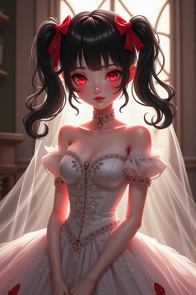 whole body, (vampire), red dress, absurdres, RAW photo, extremely delicate and beautiful, masterpiece, Best Quality, ultra high resolution, 32k, hyperrealistic, ultra-detailed, detailed description, pale skin, 20 years old, detailed beautiful face and eyes, tearful mole, earring, Colossal tits, short medium hair, wavy hair,
