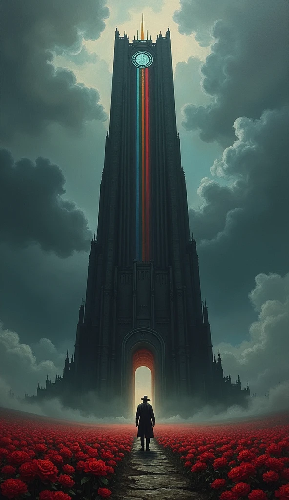 oil painting, dark tower by stephen kin, The Tower is a six hundred floor spire made of black stone, and the only entrance is a door of ghostwood, with the words "Unfound" written upon it. The tower has a central oriel window which is striated with thirteen different colours which inspired the design of Arthur Eld's crown. In other worlds, the Dark Tower can take a number of forms including a tiger and a black house. The Dark Tower is surrounded by a huge field of roses. The Dark Tower is the center of all creation. It is said to be Gan's body, and is held up by six Beams of great size and length, visible only by their effects on the lands along their lines - such as patterns in the clouds. At each end of the Beams, there is a portal, for a total of twelve. Each portal is protected by a guardian animal.