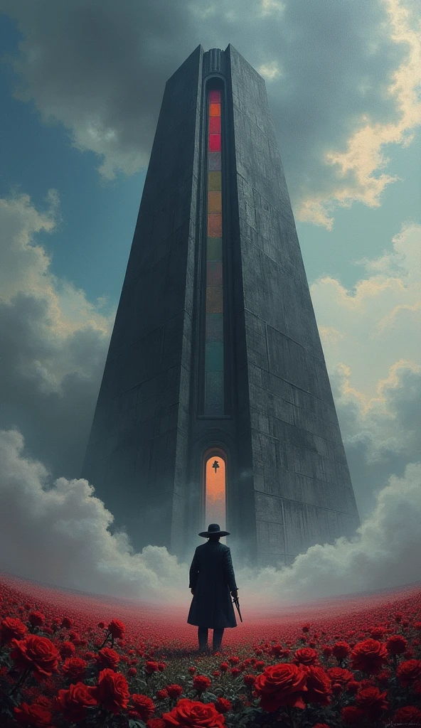 oil painting, dark tower by stephen kin, The Tower is a six hundred floor spire made of black stone, and the only entrance is a door of ghostwood, with the words "Unfound" written upon it. The tower has a central oriel window which is striated with thirteen different colours which inspired the design of Arthur Eld's crown. In other worlds, the Dark Tower can take a number of forms including a tiger and a black house. The Dark Tower is surrounded by a huge field of roses. The Dark Tower is the center of all creation. It is said to be Gan's body, and is held up by six Beams of great size and length, visible only by their effects on the lands along their lines - such as patterns in the clouds. At each end of the Beams, there is a portal, for a total of twelve. Each portal is protected by a guardian animal.