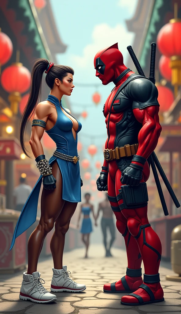 1 boy 1 girl, a muscular man in deadpool armor and mask, a curvy naked hourglass woman with wonderwoman headgear and arm guards with wide hips and thick thighs, totally naked girl swooping breasts perfect ass, glowing rope entwining her waist, deadpool pulling glowing rope , couple engaged in doggystyle sex, 1 boy and 1 girl, the arkham streets at night, cinematic lighting, hyper detailed, 8k, photorealistic, dramatic lighting, moody atmosphere, gritty and dark, comic book style, rich colors, dynamic pose