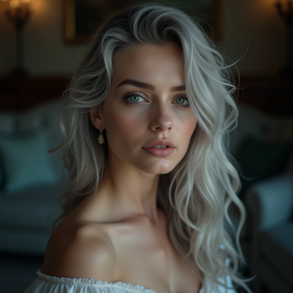 Beautiful girl with white skin, light gray hair, professional photo, realistic, against the backdrop of a dark living room