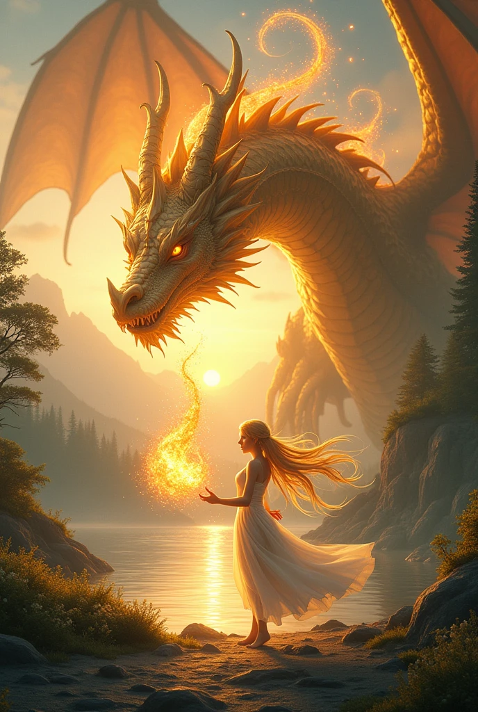 (Photorealism:1.2), blonde woman and a dragon breathing fire 