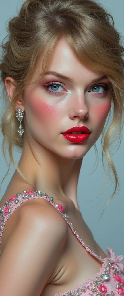 professional photography, {{{Ultra realistic portrait a Taylor Swift:1.4}}}, 25yo, pale skin, detailed facial features, (apply glossy red_lipstick:1.3), (pink_makeup:1.28), (Intricate detail, light blue eyes), intricate hairstyle, elegant expression, graceful posture, complex clothing, highly detailed, photorealistic, cinematic lighting, dramatic atmosphere, digital painting, masterpiece