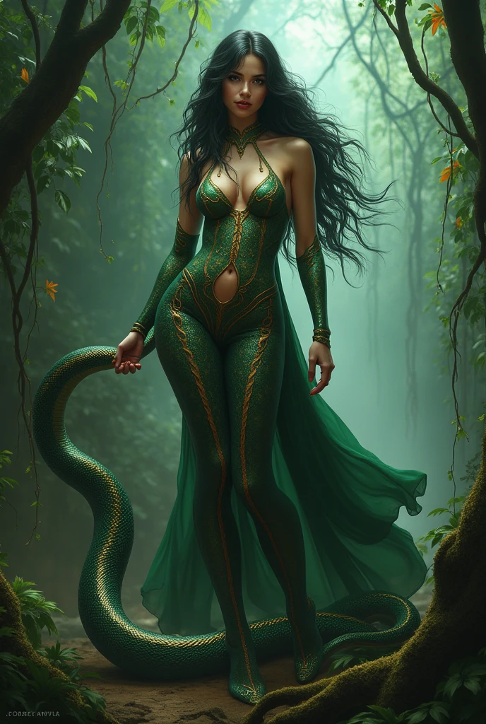 Create an image of a mystical snake woman, or Nagin, with long, flowing hair and piercing eyes that captivate and enchant. She is adorned with intricate jewelry, golden blouse with snake scale patterns, and stands with a majestic seven-headed snake behind her, each head poised and watchful. The setting is a mystical forest at dusk, with an ethereal glow illuminating her figure. The background is filled with lush greenery, ancient trees, and a hint of magical ambiance, perfect composition, hyperrealistic, super detailed, 8k, high quality, trending art, trending on artstation, sharp focus, studio photo, intricate details, highly detailed, art by greg rutkowski