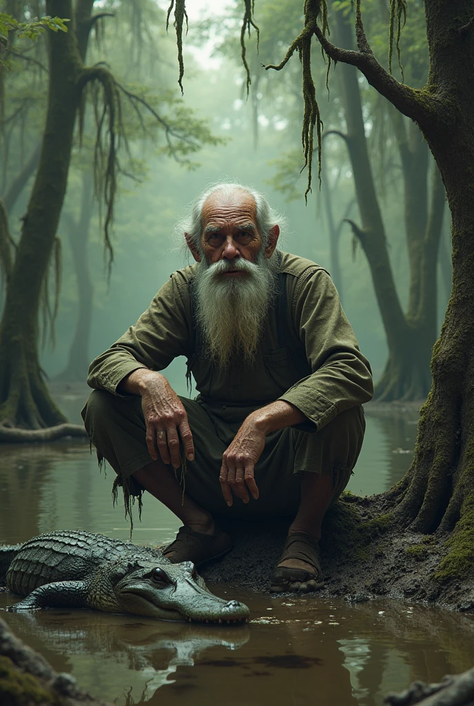 "An elder and a zombie girl in a futuristic swamp, with vivid texture details, sombras e destaques --prompt-mode stable --quality high --style cyberspace --size 2k"
