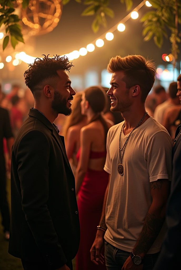 classic Oil Painting with limited warm colors: Two handsome young men flirting and smiling inside a busy gay club. They are muscular and wearing erotic leather harnesses, they both have undercuts. the club is dark and has grungy and underground vibes. Comradery, playfulness. vibrant handsome and athletic. piece of traditional art, loose gestural strokes. Caravaggio Style