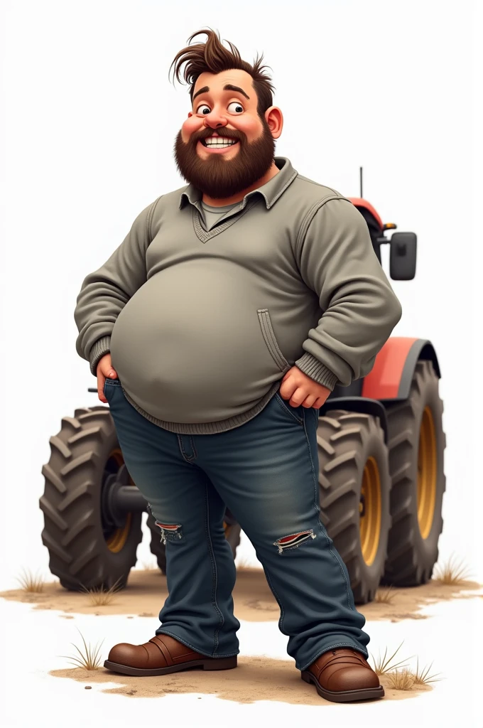 A man who is fat. He wears work trousers that are short. The upper body without a top. The name Meike is tattooed on her chest. His hands are in his pockets and he stands casually. He wears his long hair open. And shaved the hair below the head. He winks in the face. He is standing in front of a youth hostel in the country with animals.