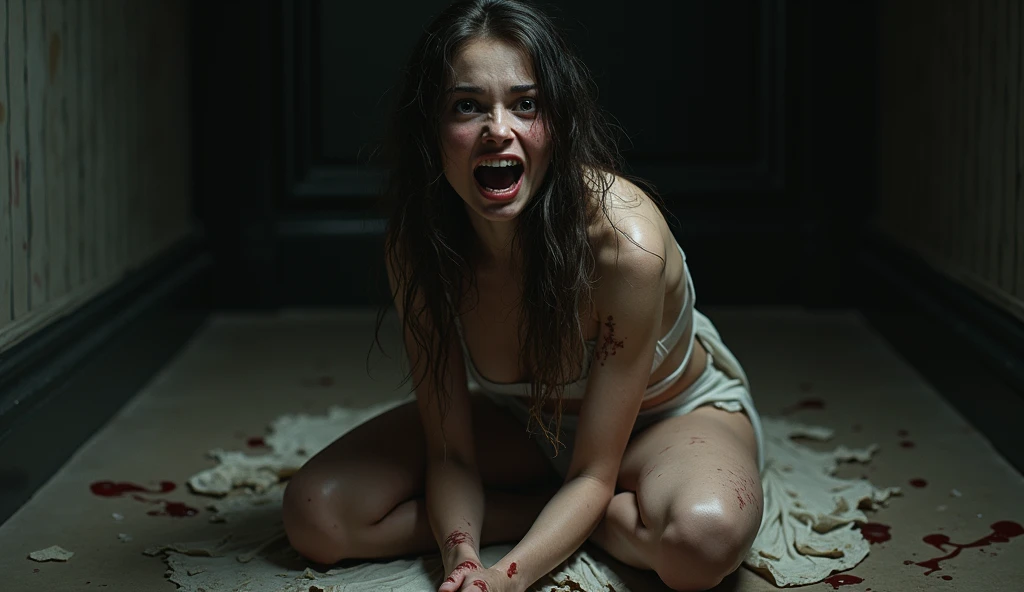 Undead sinner on her knees, forced oral sex, (oral rape:1.3), Sexual violence, hand on her head, holds her by the hair, (traces of beatings on her body:1.2), torn clothes, Sexual slavery, hellish torment, pissing on face, horror hell