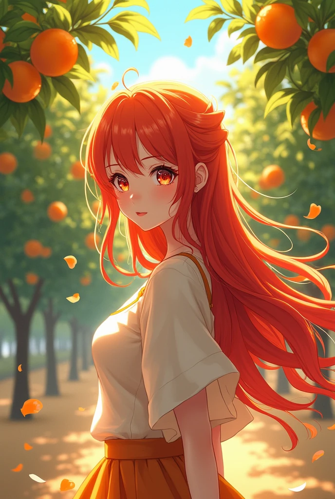(photorealism:1.2), nami from one piece completely naked personified photo next to an orange tree