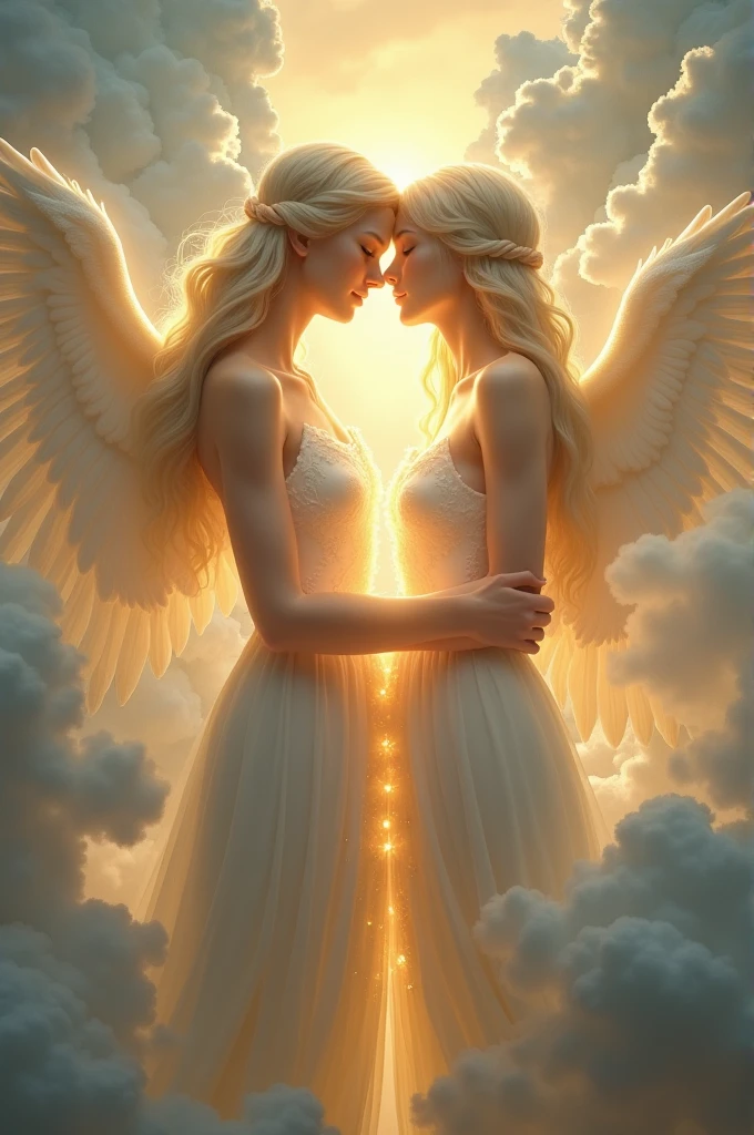 White haired female angel with water drops flying around her, she holds the hand of a female angel with red hair flames fly around her
