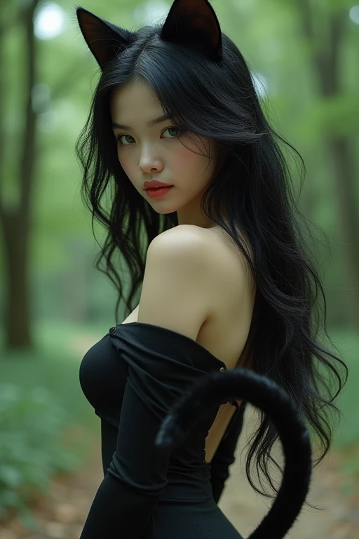 A black-haired naked girl is standing on the beach. Next to her is a little devil who looks like a cat