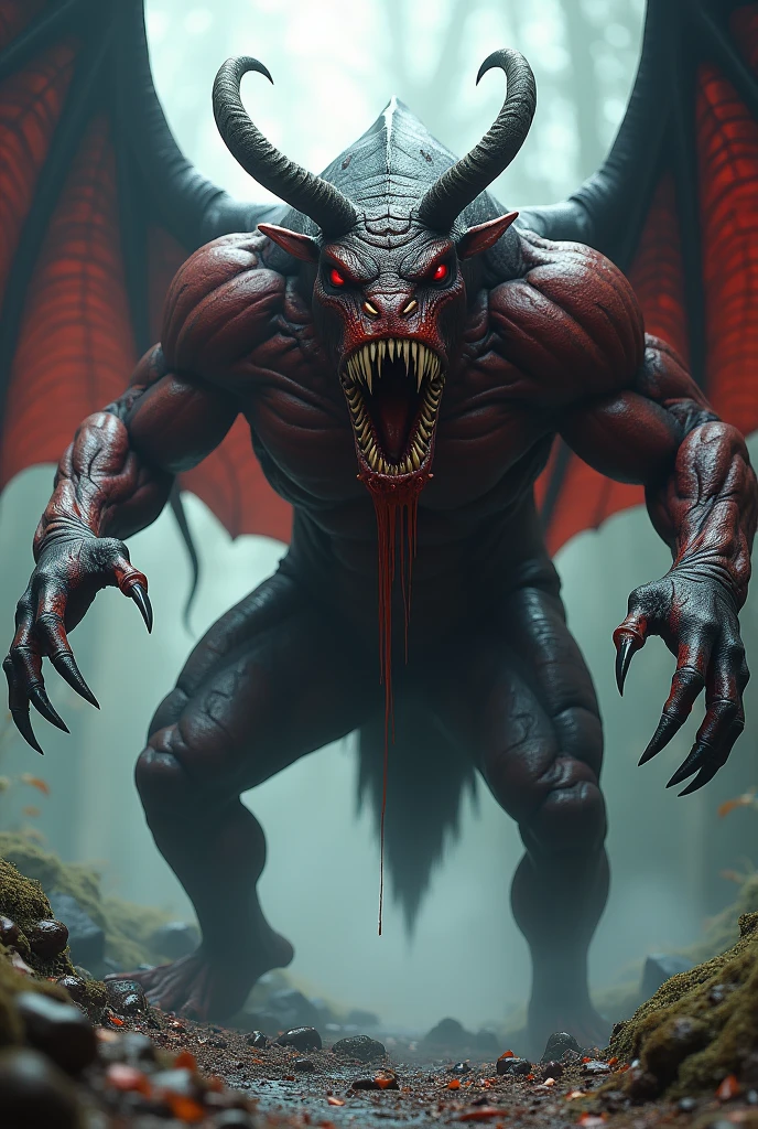 a beautiful demonic creature,demon,creature,horns,glowing eyes,sharp teeth,erect penis,muscular body,detailed anatomy,fantasy,dark,moody,dramatic lighting,cinematic,hyper detailed,octane render,4k,ultra-detailed,photorealistic,professional digital art