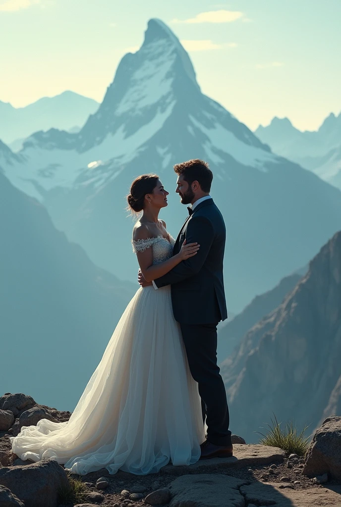 there is a man and woman standing together in the snow, in the mountains, with mountains as background, with mountains as background, in the snow mountains, mountains in the background, lovely couple, with mountains as background, in the mountains, on the mountain, on the mountain, couple portrait, couple portrait, a  photo of a, made on Nikon D 7 5 0, stylized photo