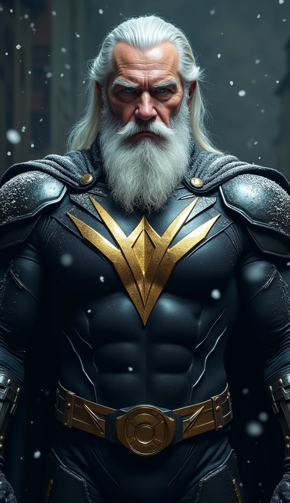 A middle-aged man, 50 years old, muscular, modern magician, gray hair, medium gray beard, wearing latex, big bulging crotch, green eye, serious, intimidating, white tabard, personal, crow, storm, realistic. 8k uhd