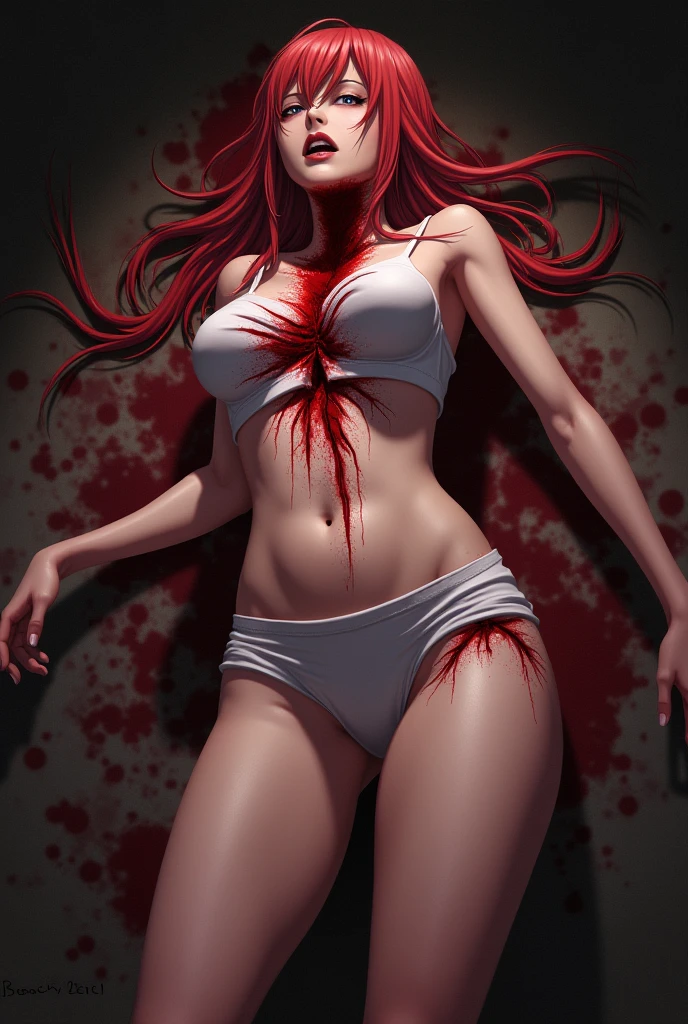 female character, creepy art, red colors, bloody carnage, stomach-turning disgust, brutal murder, violent atmosphere