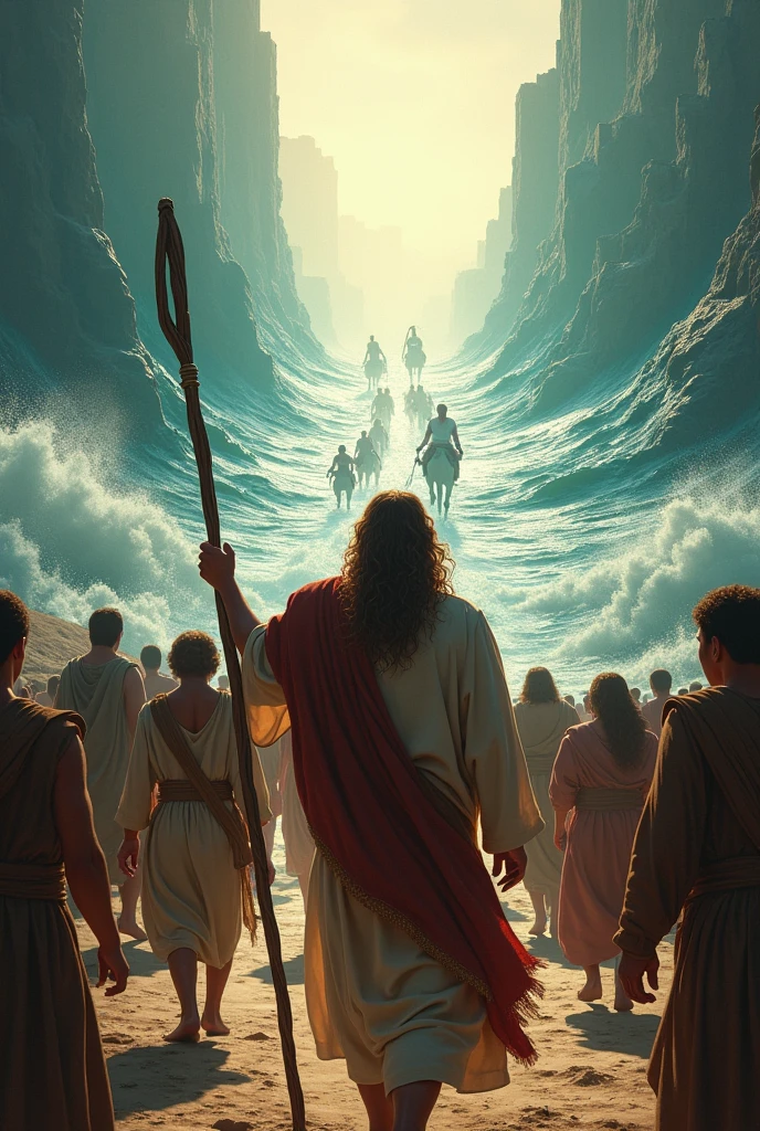 Jesus Christ with his staff opening the Red Sea with his disciples passing through the open sea and the soldiers on dry land
