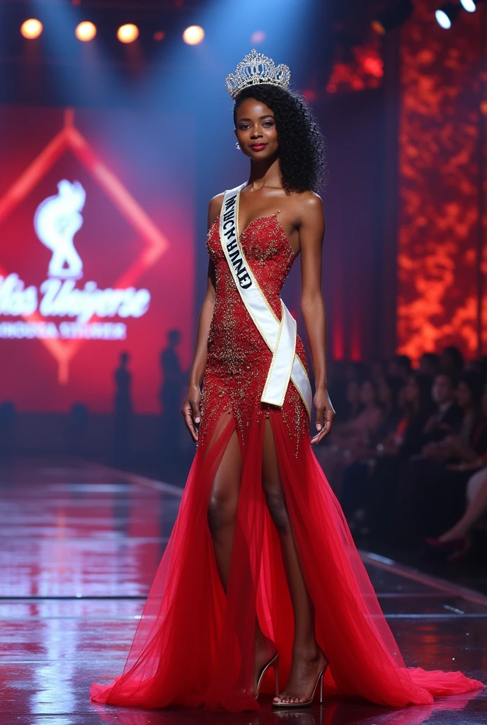 Realistic : Black woman with straight pink hair, wearing a white fashion dress embroidered with diamonds, high heels, walking on stage, full size 9:16