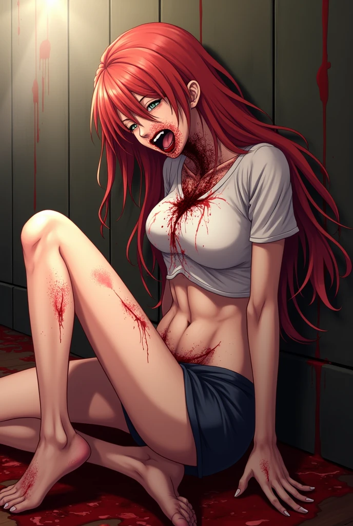 yuno gasai, long hair, pink hair, low twintails, smile, naked, red eyes, (large breasts:1.5) , from below, (crazy face:1.1), crazy (eyes, crazy:1.4), naked, (blood splatter:1.5), In a old room, wearing black choker, sitting, (perfect hands:1.5),straddling, selfie, (Evil eyes:1.5)