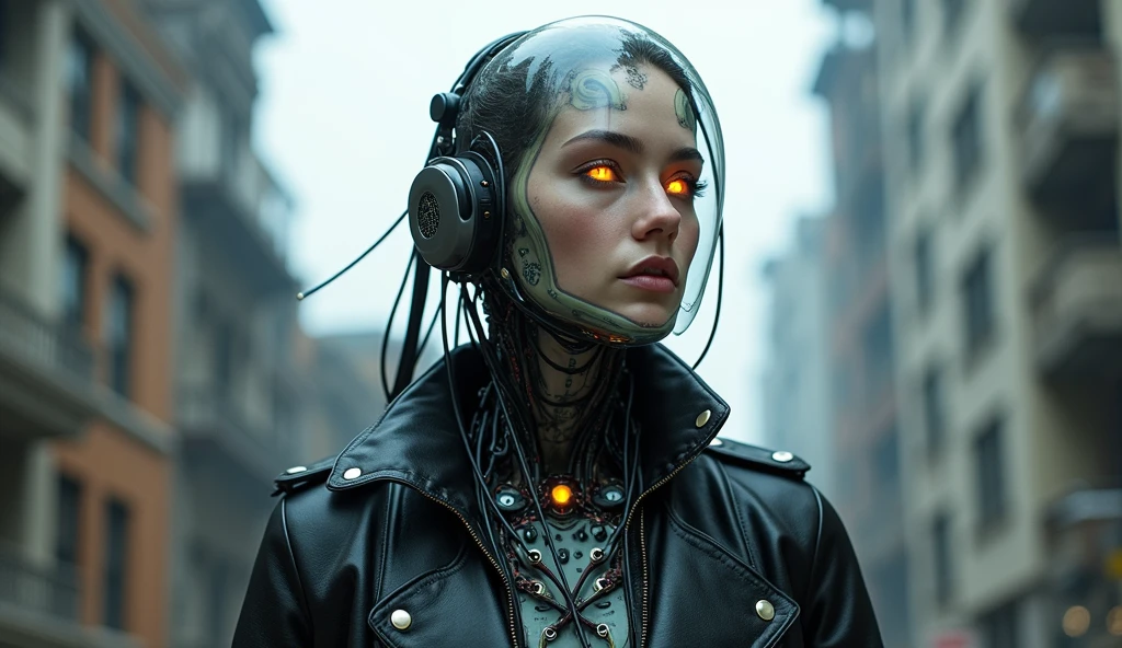 A person with cyberpunk-style mechanized body parts stands out. Its transparent skin reveals circuits and cables, while their eyes glow with colored LEDs. The members are a mixture of flesh and metal, with advanced prosthetics and cybernetic interfaces.  wearing a black leather jacket, The figure is set in a dystopian urban setting with decaying skyscrapers. The image represents the fusion between the human and the mechanical in the futuristic world of cyberpunk  