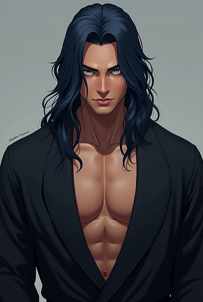 Cool, handsome, long hair, male, 2D anime, no shadow, dark, white skin, black hair, drag, tied in a bun, dark eyes, scruffy, muscular.