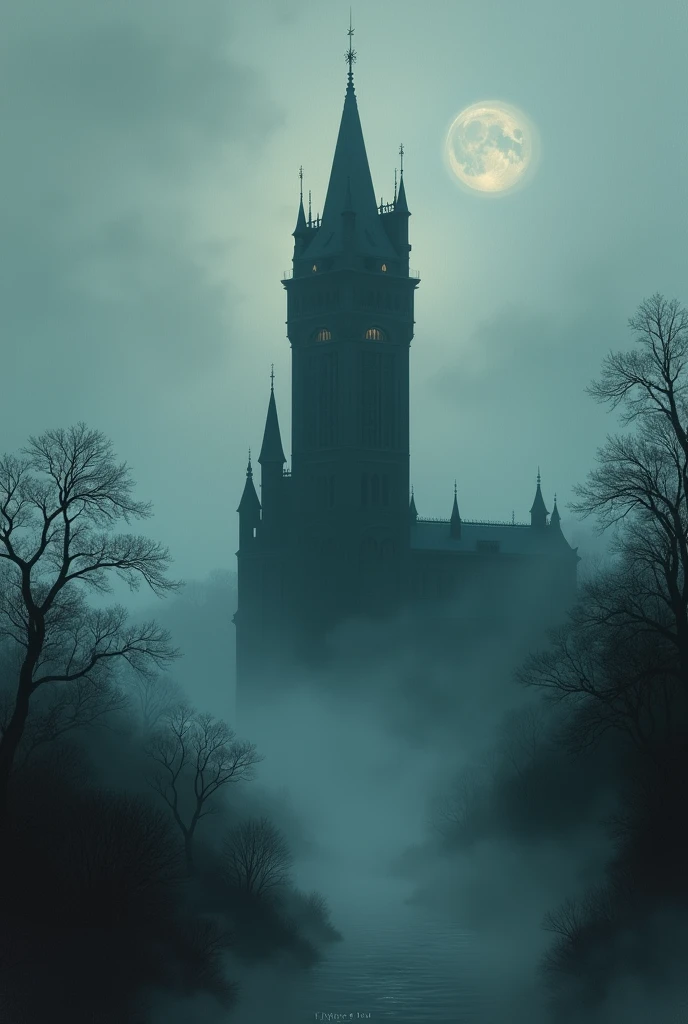 the mysterious utopian Dark Tower: the Victorian era: Stephen King's creative: dark noir foggy setting: horror: on the other shore: Claude Monet's painting technique in extreme detail: fine oil smear: extravagant: aesthetics: mysticism