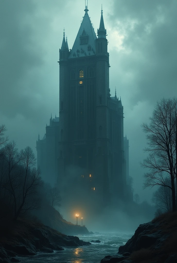 the mysterious utopian Dark Tower: the Victorian era: Stephen King's creative: dark noir foggy setting: horror: on the other shore: Claude Monet's painting technique in extreme detail: fine oil smear: extravagant: aesthetics: mysticism