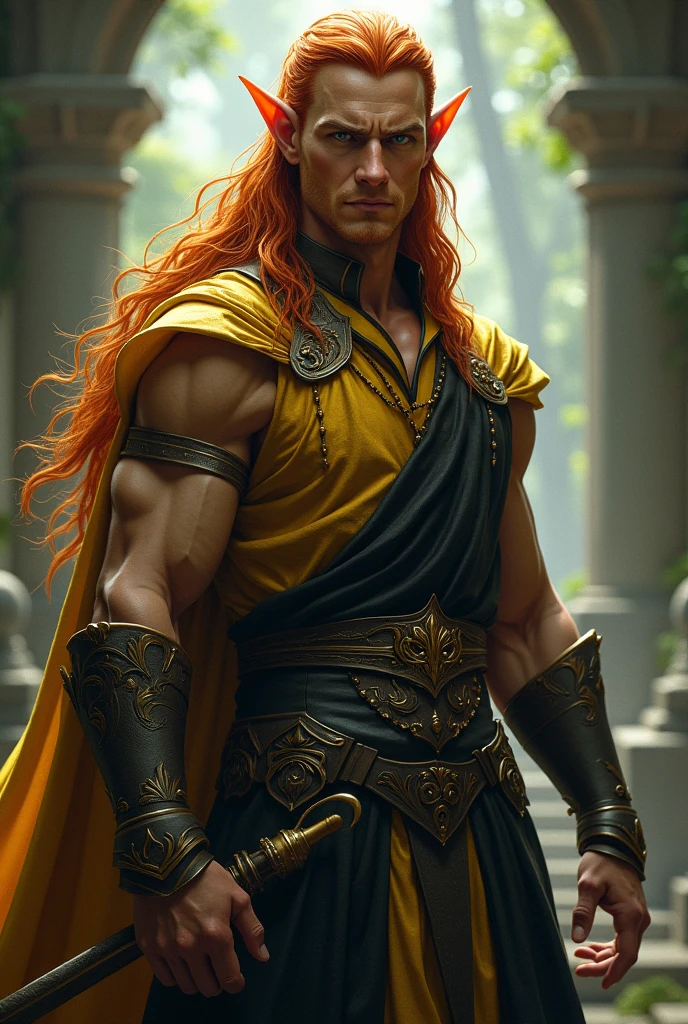 A full body image like a renaissance art piece of one extremely handsome male elf wearing a small black thong, clean shaved, athletic body, (white skin), bare chest, (long orange scruffy hair), serene expression, small waist, muscular.