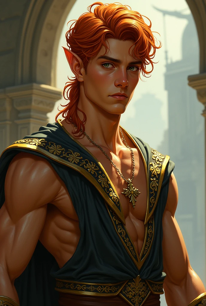 masterpiece, noise suppression, void noise, one male elf, Best quality, permission 8k, male focus, sharp image, just concentrate, stunning composition, volumetric lighting, super quality, Very detailed, fantasy, adult male elf with long red curly hair, Blue eyes, freckles on the face, pale skin, stern look, necromancer magician in a black robe.