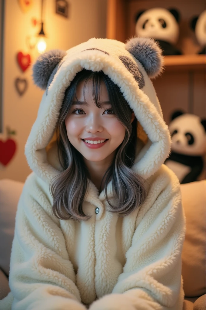 girl with　japanes　Soft and gentle　inside in room　selfee　The face is slightly hidden by the smartphone　White dress　Fluffy Hoodie　dressing gown
