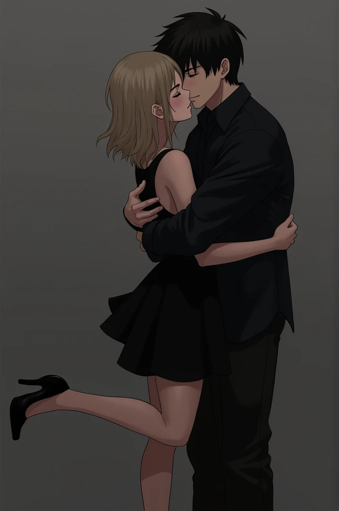 A blonde hair man hugging his black hair girlfriend