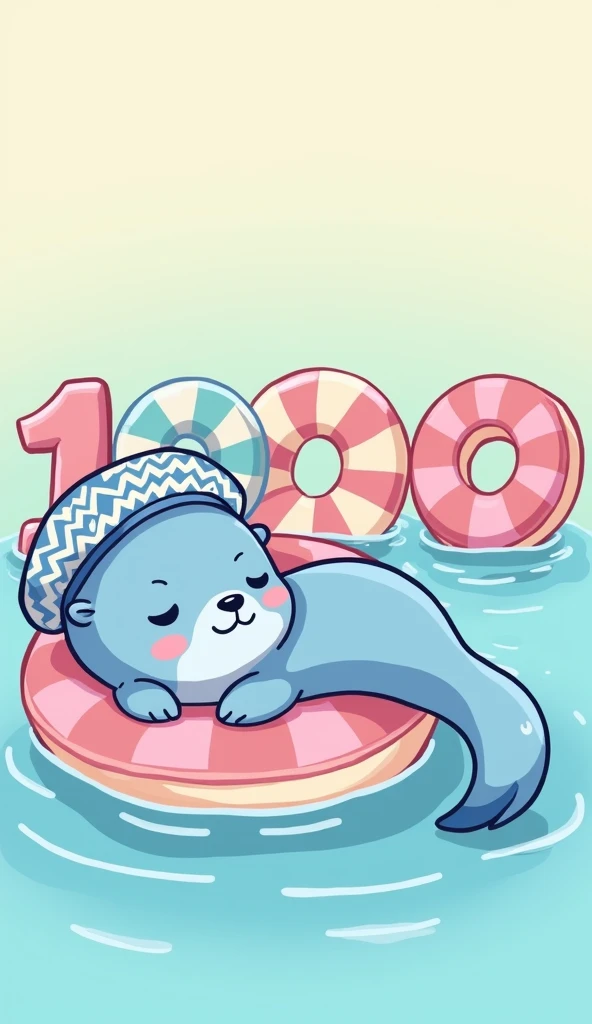 A cute illustration of a blue sea otter sleeping on a swimming ring on a pool. The swimming ring and 2 other floaties beside it forms the word "1000". The sea otter is wearing a beret hat with blue and white wavy patterns, with a tail that resembles a paintbrush. The sea otter smiles adorably at the viewer. The illustration is pastel-colored, giving it a cute and playful expression. The overall color palette is bright and cheerful, with soft pinks, blues, and yellows, creating a fun, lighthearted atmosphere. The entire scene feels charming and whimsical.
