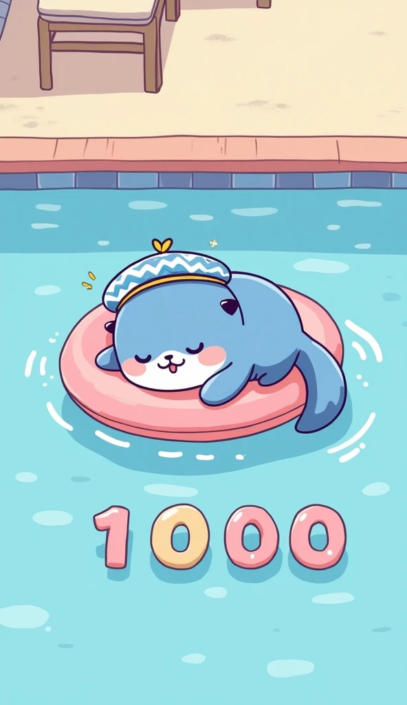 A cute illustration of a blue sea otter sleeping on a swimming ring on a pool. The swimming ring and 2 other floaties beside it forms the word "1000". The sea otter is wearing a beret hat with blue and white wavy patterns, with a tail that resembles a paintbrush. The sea otter smiles adorably at the viewer. The illustration is pastel-colored, giving it a cute and playful expression. The overall color palette is bright and cheerful, with soft pinks, blues, and yellows, creating a fun, lighthearted atmosphere. The entire scene feels charming and whimsical.
