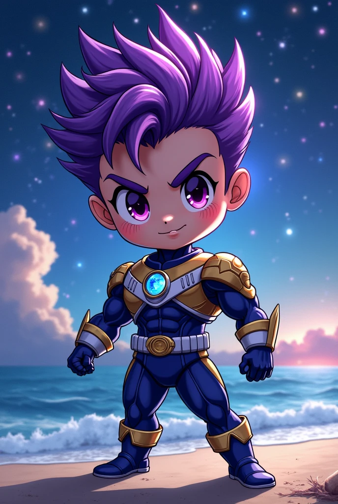 (Best Quality, High Definition) A cute 3 year old boy with purple skin, fighting stance, infinity gloves, Thanos clothes