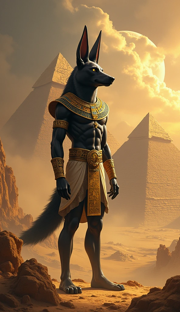 ((best quality)), ((masterpiece)), (detailed), perfect face Anubis next to the quetzal and the pyramids of Giza and the moon in the background 
