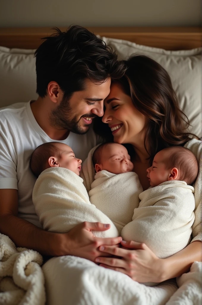 A married couple with two girls, aged 13 and 3, in a maternity hospital with two newborns, full body