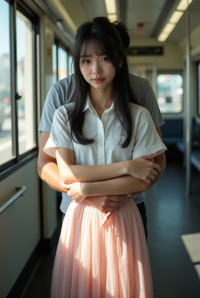 ((of the highest quality, 8k, RAW Photos, masterpiece :1.3)), (realist、realist:1.37)、Very detailed、ultra high resolution, (Professional lighting), ((from above:1.2)),((Full body photo)),small breasts、perfect face、Beautiful expression、beautiful face、pretty eyes、14-year-old high school girl、beautiful girl、beautiful black hair、(not good、schoolgirl uniform、button down shirt:1.2、off the shoulder、Pleated mini skirt、pale pink lace panties）、(Inside a crowded train with sunlight coming in、A chubby middle-aged Japanese man hugs a high school girl from behind on a train)、((((A middle-aged man standing behind a woman.、the man reaches out his right hand and touches the woman&#39;chest.：1.3、the man&#39;The left hand is touching the high school girl.&#39;his private parts with his fingers.：1.2、button down shirt：1.2))))、caress、fear expressions、blush、the man has a vulgar look、man hugging