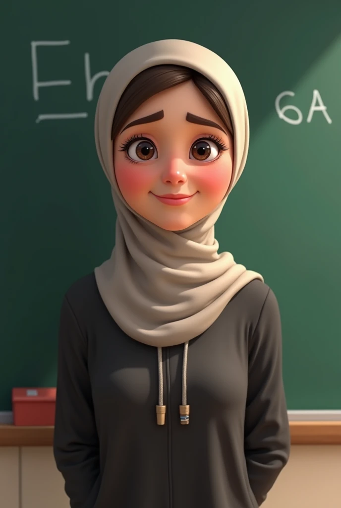 HD picture of a teacher, happy face, wears hijab, wears white uniform, classroom background, hdr, volumetric lighting, (raytracing), intricate details, (masterpiece), soft diffused lighting, (best quality)