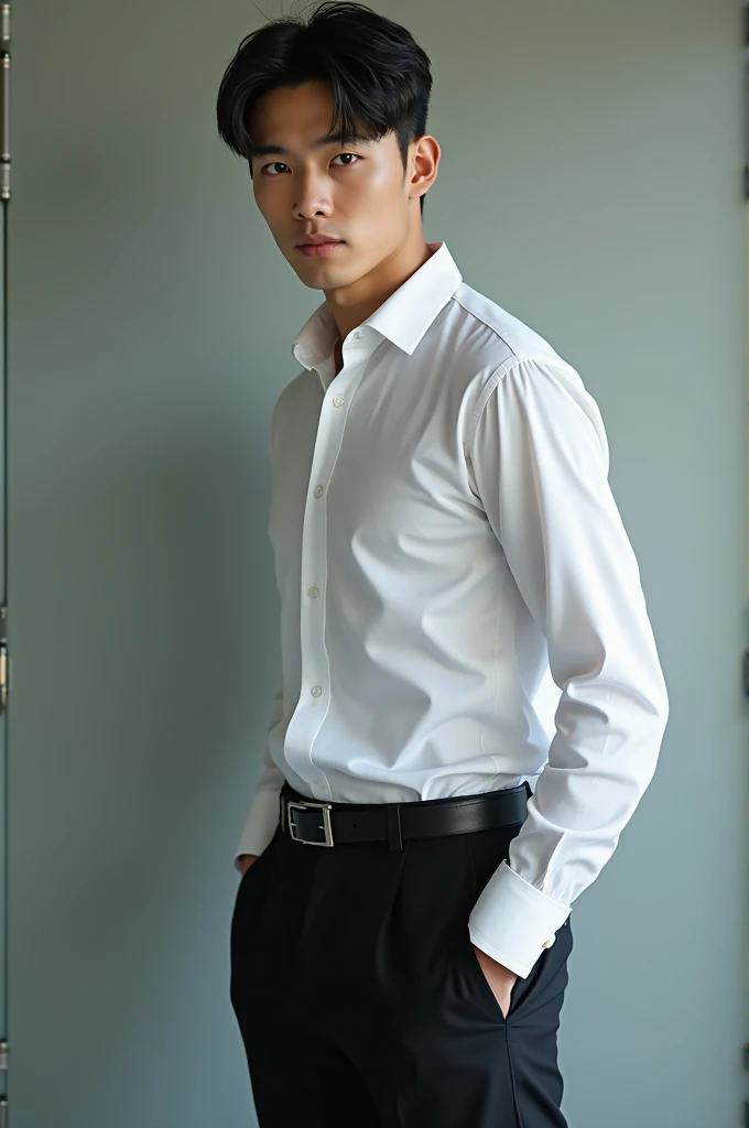 solo , 1man , thai man , grey Button-down shirt with collar , black Long pants , happy