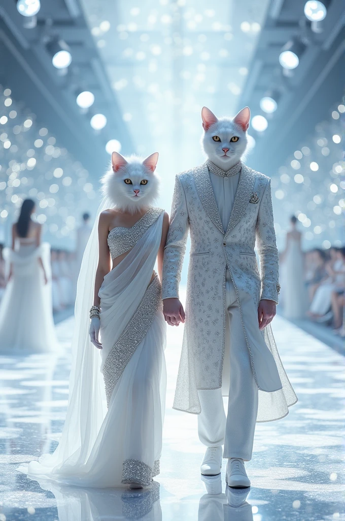 A tall white cat dressed in white shirt and black jeans  runs with a tall beautiful white cat dressed in full length blue Maxie in marriage hall
