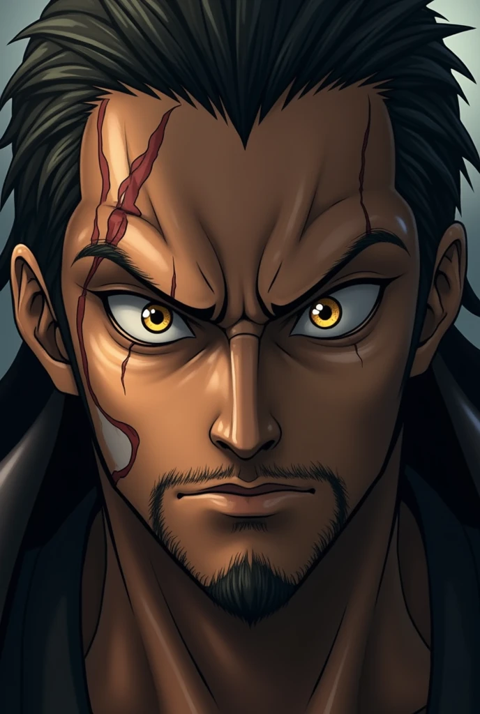 Muscular man, black skin, dark purple hair, black coat with high collar, bloody background, "Anime character design inspired by One Piece, dramatic and impressive lighting, centered character, impressive face, full of creative details, ultra-fine 2D, scenery bathed in creativity, boasting 2D anime resolution clarity, HD anime graphics, high-octane rendering"