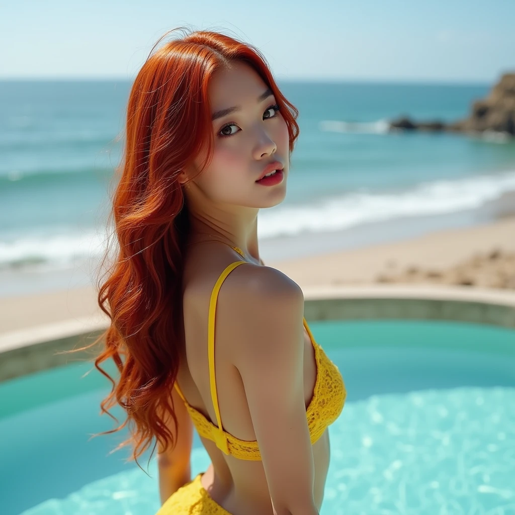 Beautiful redhead girl with brown eyes and long hair wearing yellow underwear bathing in a river daring and sensual photo session at sunrise