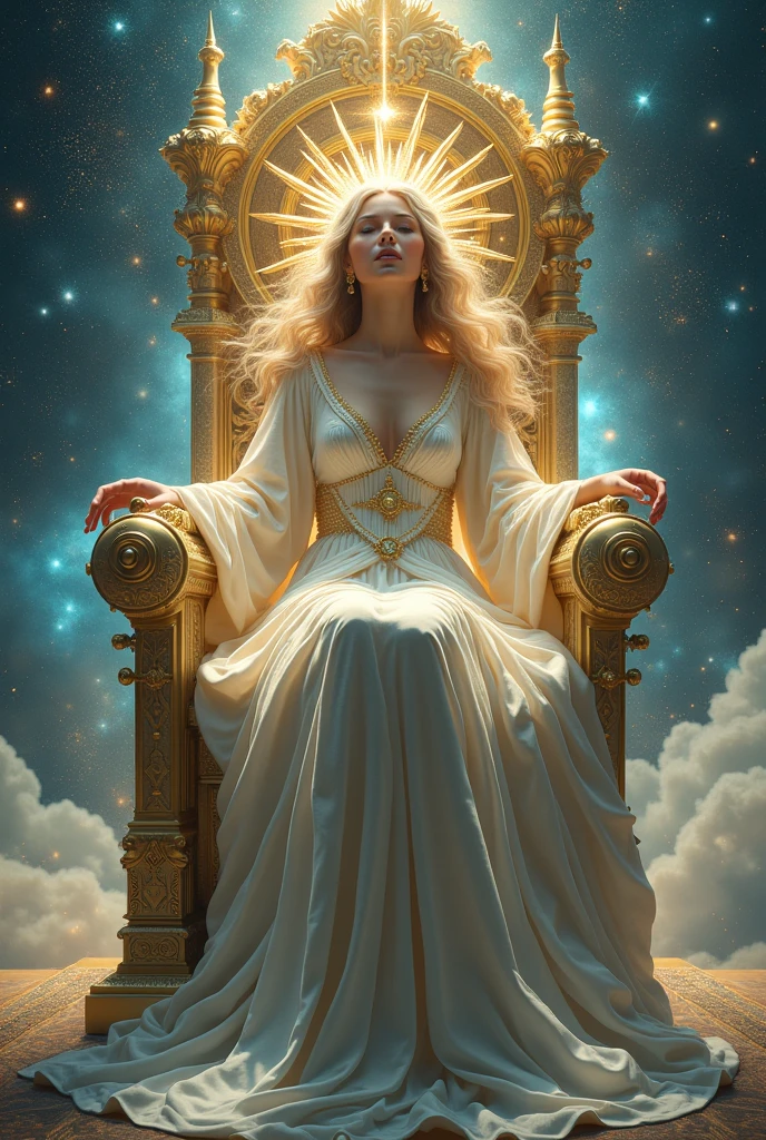 Create an awe-inspiring and regal image for the "Queen of Lights" card in the Lumen Angelis deck, drawing inspiration from the Queen of Swords in the Rider-Waite tarot, while elevating her to a divine, celestial being who embodies wisdom, clarity, and authority. This image should radiate a serene yet commanding presence, with every detail contributing to the aura of the queen as a guardian of truth and a beacon of light.
At the center of the composition is the Queen of Lights, seated gracefully upon a throne that seems to be carved from pure, crystalline light. The throne itself is both majestic and ethereal, with delicate patterns of light etched into its surface, resembling ancient celestial glyphs and sacred geometry. The throne is positioned atop a floating platform of translucent light, suspended in the air amidst a vast expanse of glowing, swirling clouds, symbolizing her elevated status and connection to the higher realms.
The queen's attire is a breathtaking gown made of shimmering, flowing light that cascades around her in gentle waves. The gown is a blend of soft, radiant white and silvery hues, with hints of iridescent colors that shift subtly as the light moves across it. The fabric seems almost liquid, yet it holds its form perfectly, accentuating her regal poise. Her sleeves are long and flowing, trailing off into tendrils of light that dance and flicker with a life of their own.
Her crown is a masterpiece of celestial craftsmanship, formed from interwoven strands of pure light that create a delicate yet powerful diadem upon her brow. The crown's centerpiece is a radiant starburst, symbolizing her role as the queen of clarity and insight. This starburst emits a soft, steady glow that illuminates her serene and wise features.
The Queen of Lights' face is calm, composed, and filled with a deep, knowing wisdom. Her eyes are bright and penetrating, glowing with a soft light that seems to see through all illusions and falsehoods. Her expression is one o