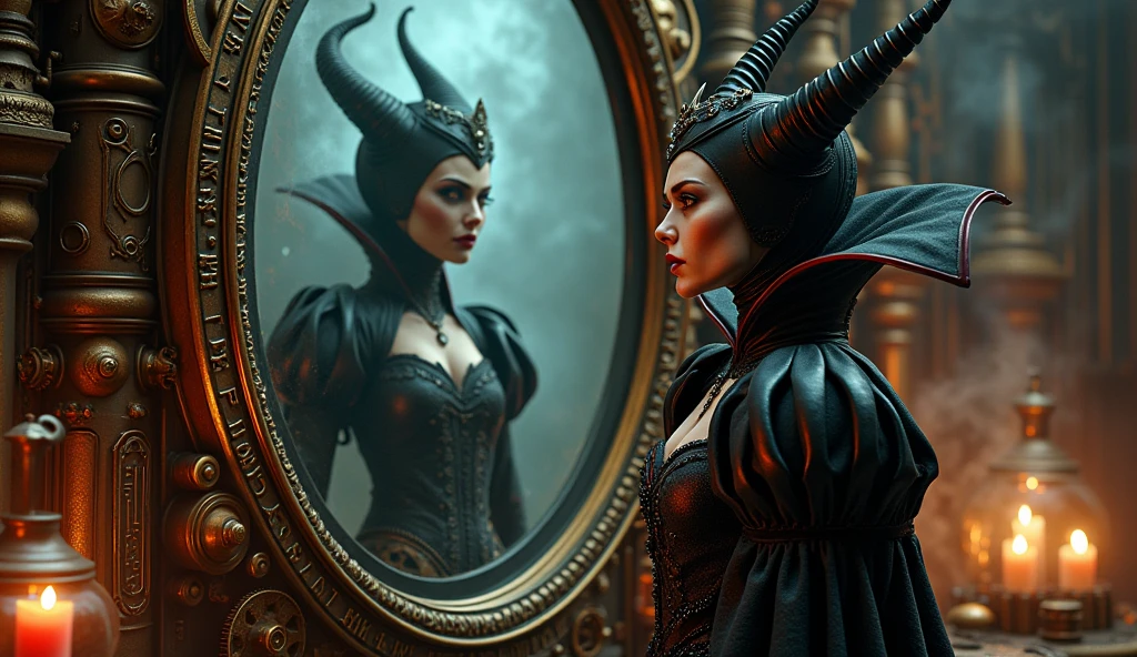 A mystical, inscrutable fog slowly engulfs aevil queen from disney woman, her shadowy form cloaked in ambiguity as a snow white from disney. Foreground features an antiquated, elaborately decorated mirror that reflects an indistinct image, signifying the hidden truth of her identity. The entire scene is immersed in nuanced hues of riddle and secrecy, hinting at the enigma contained within the yet to be revealed narrative of a daughter unearthing her concealed history.