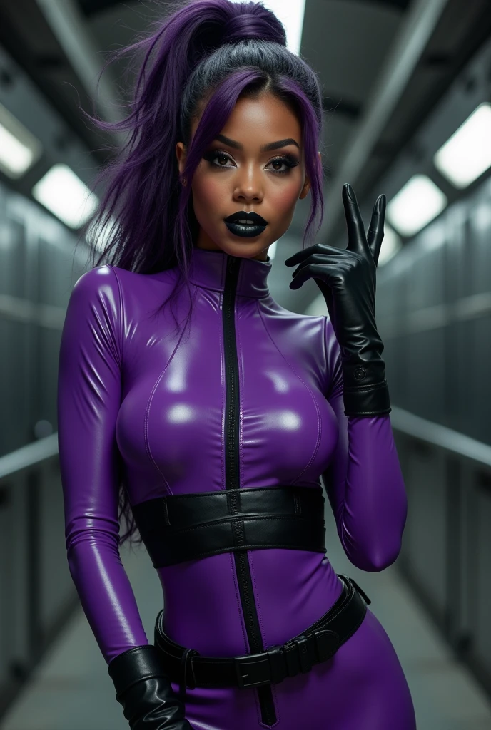 masterpiece, 4k, intricate details, 1girl,dark skin, illustration, purple clothes, , <lora:sombraOverwatchLORA_v2:0.7>,confident smile, mean eyes, decorative, black and purple clothes, display screens, si-fi displays, smirk, grin ,leather pants, sfw, one side of hair shaven,