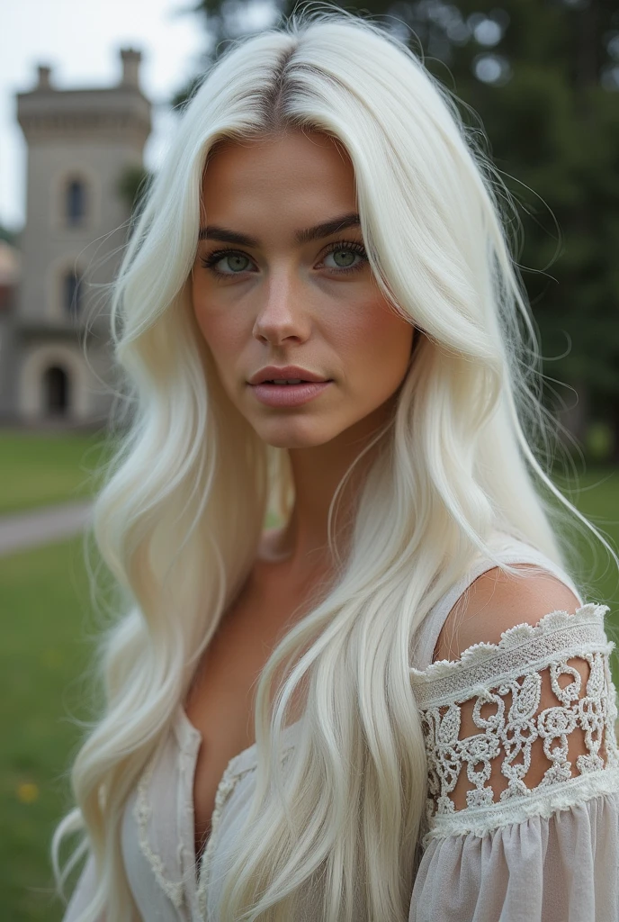 Beautiful woman with long white hair and green eyes, fullbody - SeaArt AI