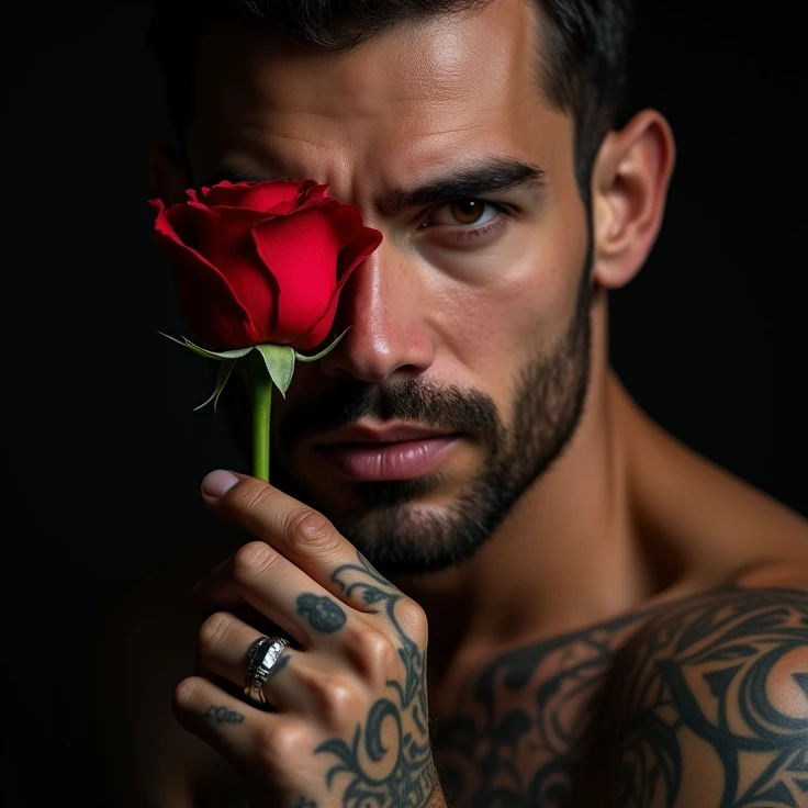 Man with flowers on his arms tattooed and growing from his arms. Mago ocidental..moreno bronzeado. Cabelos castanhos claros olhos claros. Simpaticom.bonitom atraente. Confiante. rings, brincos, colares. Riqueza. Elfo