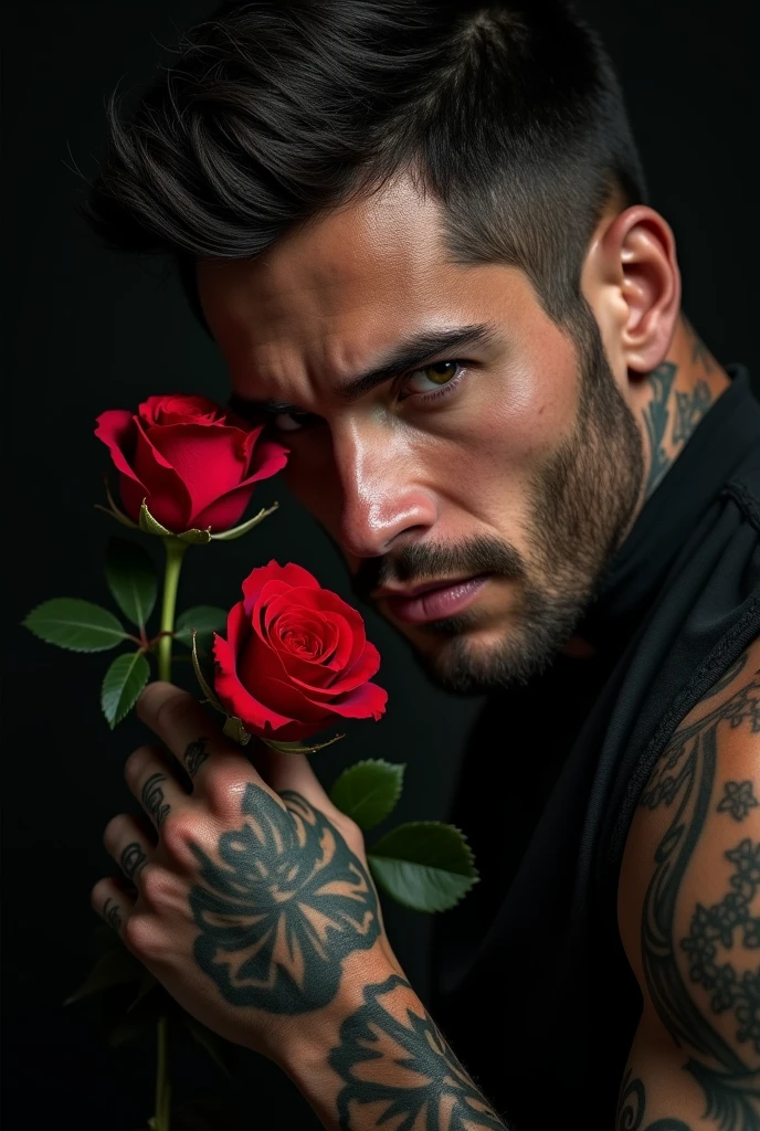 
arafed man with a rose in his hand and a tattoo on his arm, digital art inspired by Maximilian Cercha, trending on cg society, digital art, handsome male vampire, male vampire of clan banu haqim, handsome male, male vampire, handsome prince of persia, fantasy male portrait, handsome man, profile shot, handsome stunning realistic