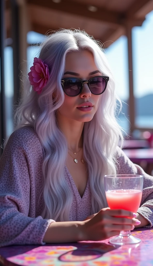 a super beautiful 25 year old girl, short wavy gray hair, pink lips, skinny model, realisitic, full body photos of her sitting at a resort table in very sexy clothes and with some fancy food on the table by the pool in a calm and sunny environment. hyperrealisitic.
